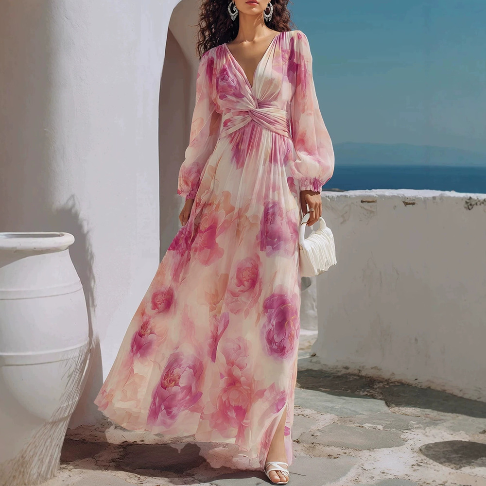 ZARA Vacation Chiffon Print Twist Front Lantern Sleeve Cinched Waist Maxi Dress